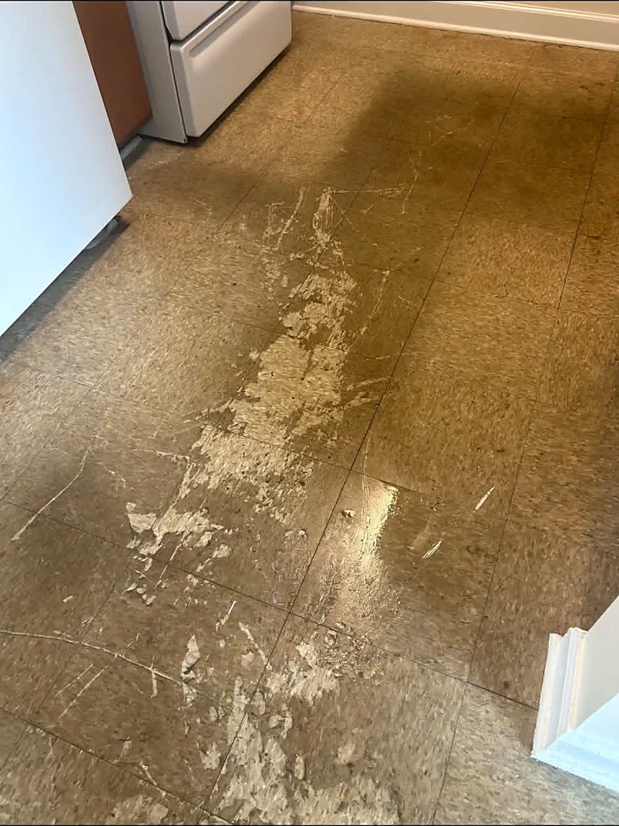 Floor with old, yellowed wax before stripping